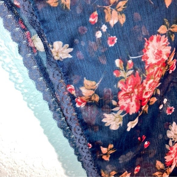 Decree Flowy Blue Floral Chiffon Tie Cinch Waist Blouse Size XL - Picture 5 of 7